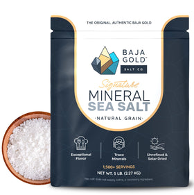 Baja Gold Signature Mineral Sea Salt bottle showing natural mineral texture for cooking.