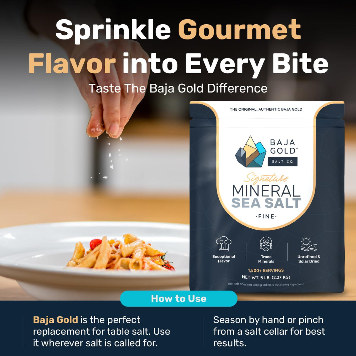 Finished dish with Baja Gold mineral sea salt enhancing flavor