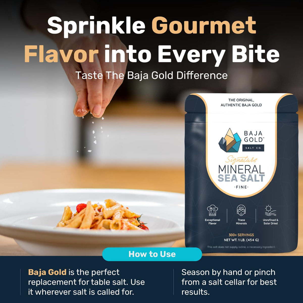 Baja Gold Signature Mineral Sea Salt in kitchen setup for versatile finishing use