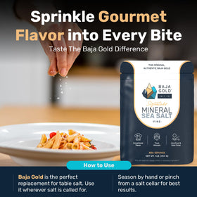Baja Gold Signature Mineral Sea Salt in kitchen setup for versatile finishing use