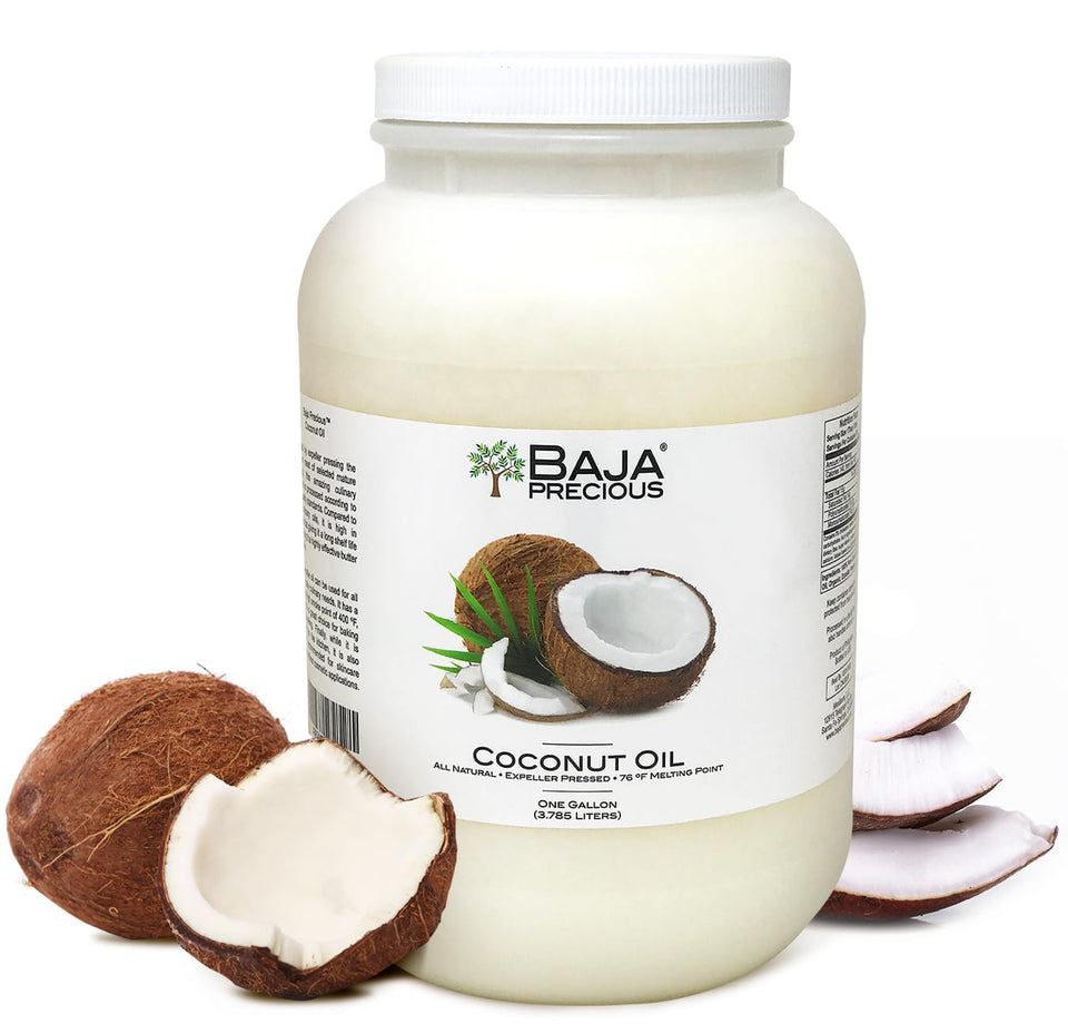 Baja Precious Coconut Oil 1 Gal bottle label close-up for cooking and skin uses.