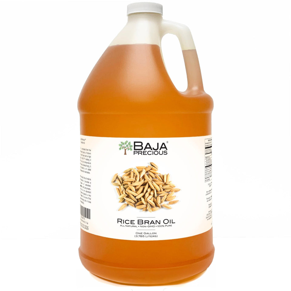 Baja Precious Rice Bran Oil bottle, 1 gallon, ideal for high-frequency cooking and frying
