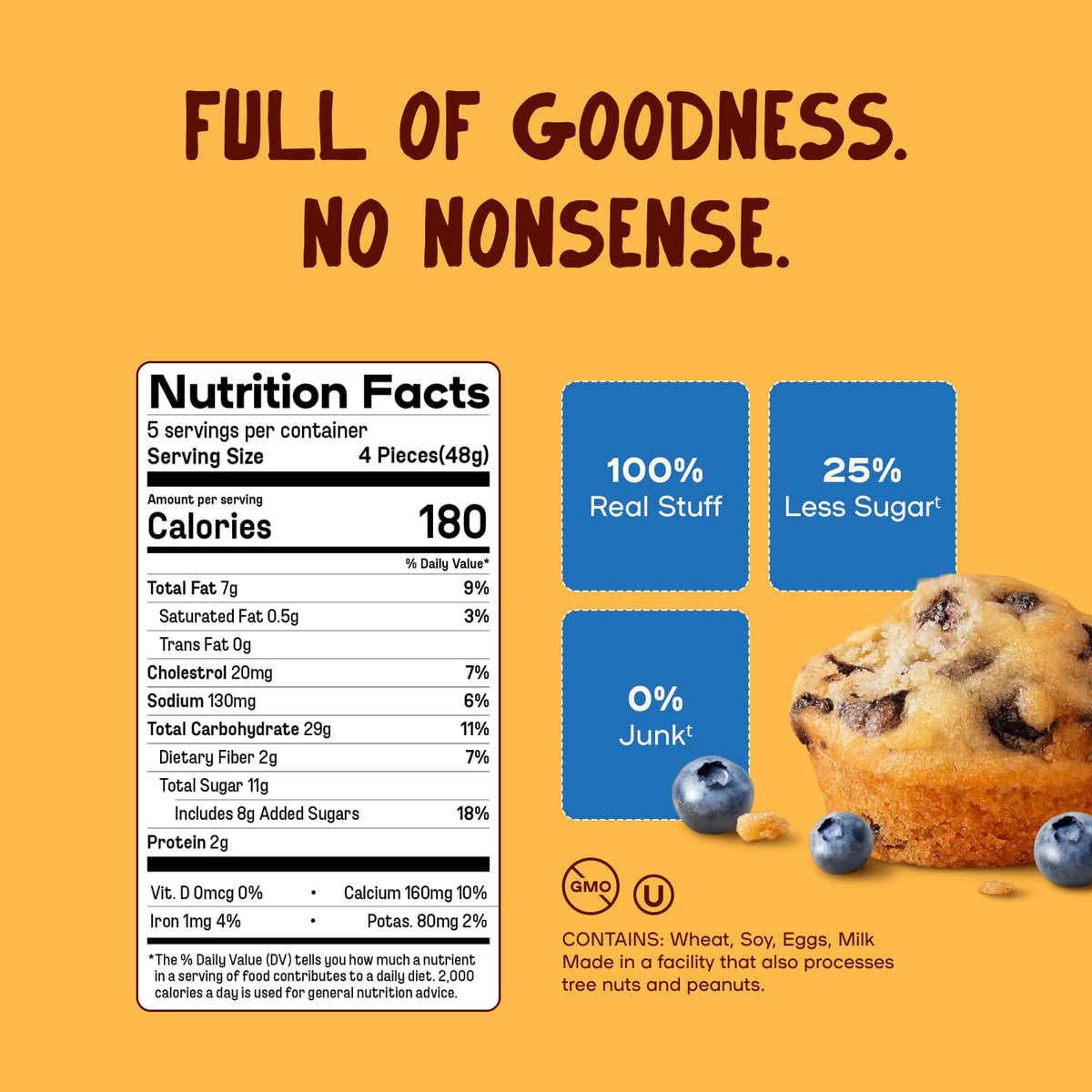 Bakeful Muffinful close-up blueberries highlights real fruit flavor.