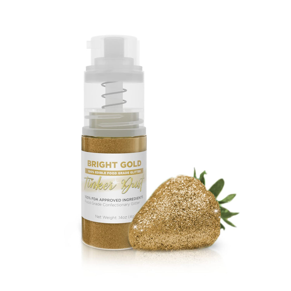 Bakell Bright Gold Tinker Dust mini pump application showcases edible shimmer.