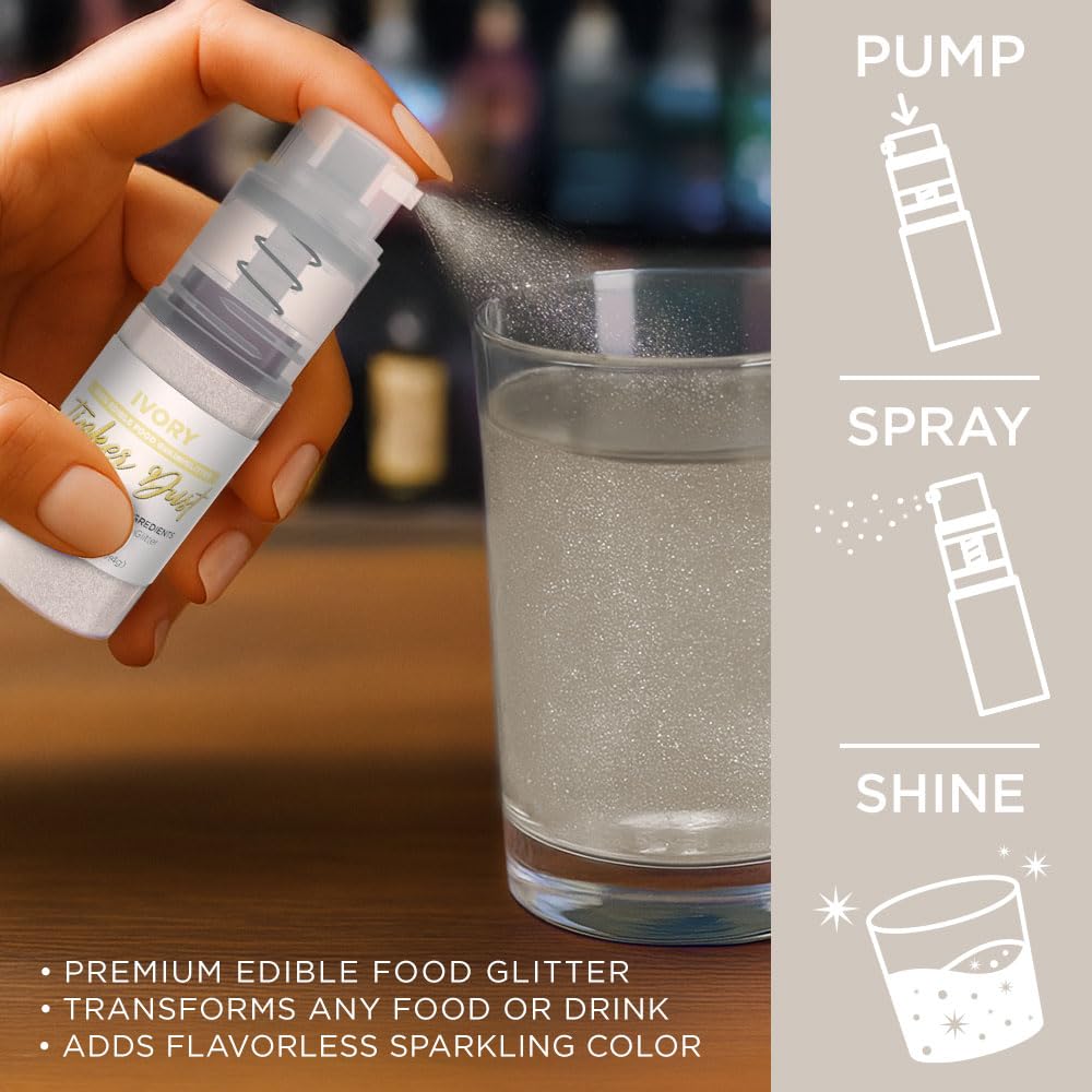 Bakell Ivory Tinker Dust bottle close-up highlights rich shimmer for desserts.