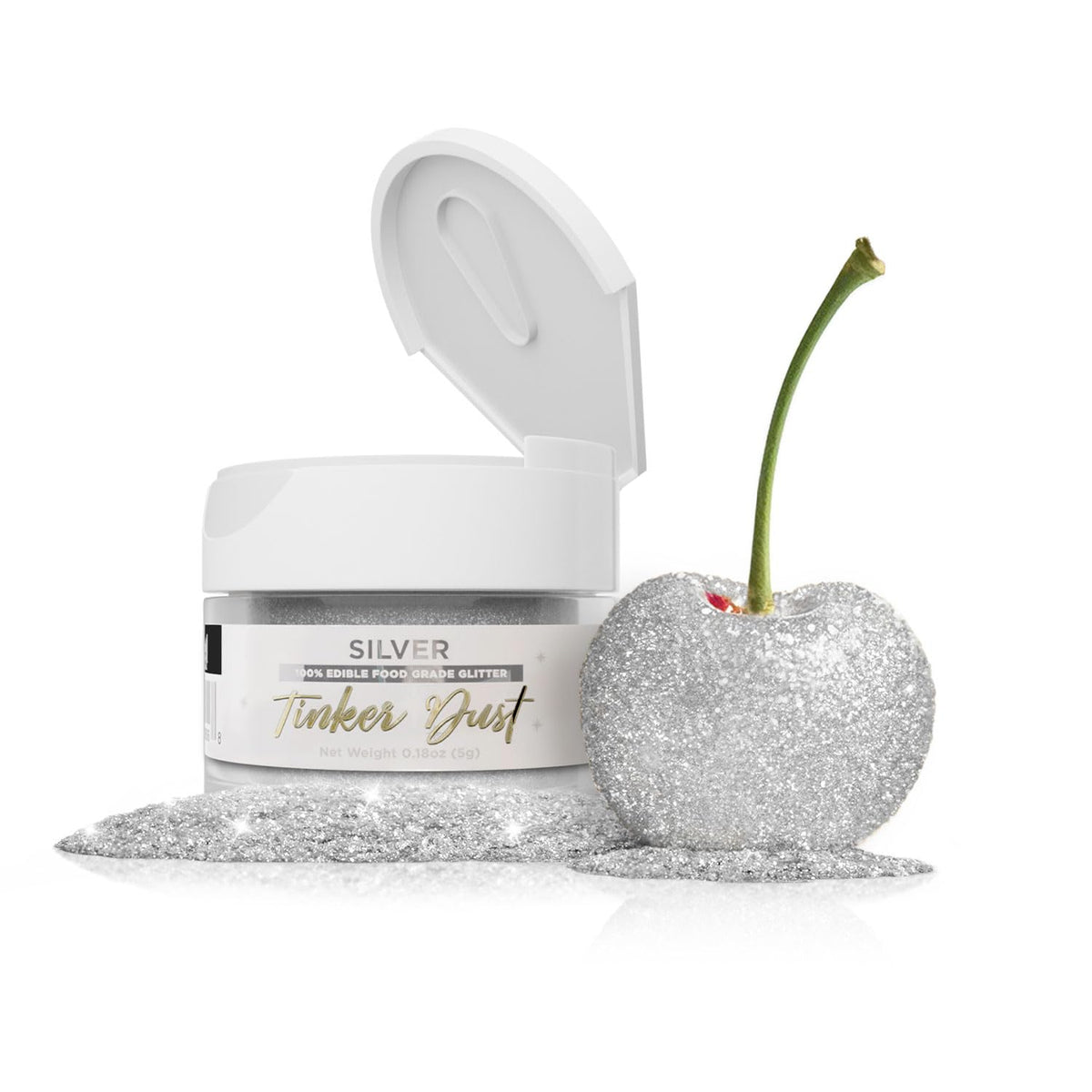 Bakell Silver Tinker Dust jar showing edible glitter for desserts and drinks