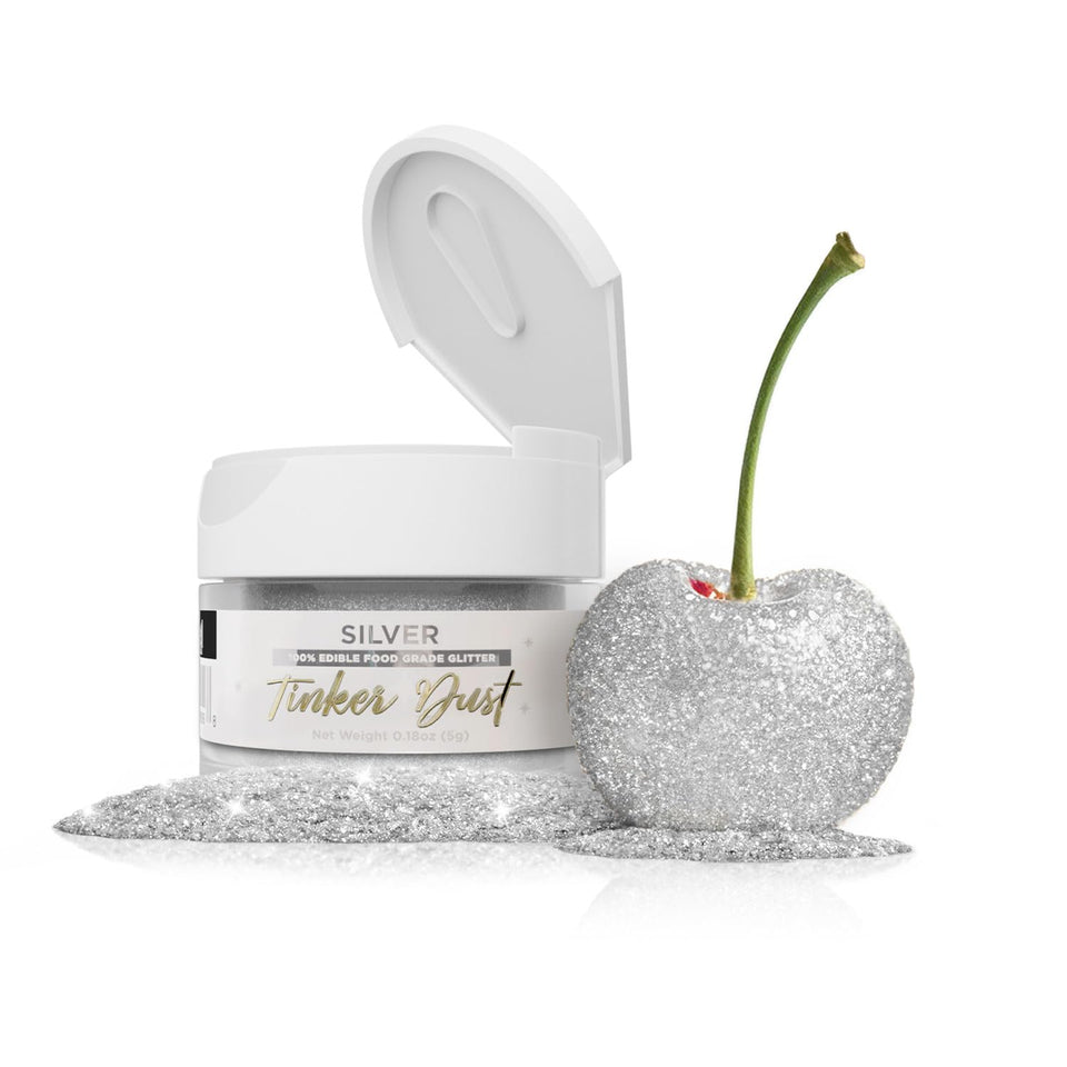 Bakell Silver Tinker Dust jar showing edible glitter for desserts and drinks