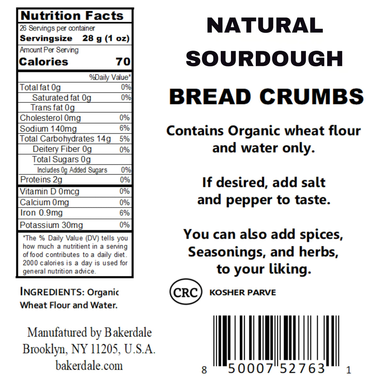 Bakerdale breadcrumbs in a resealable pouch ideal for controlled flavor with DIY seasoning.
