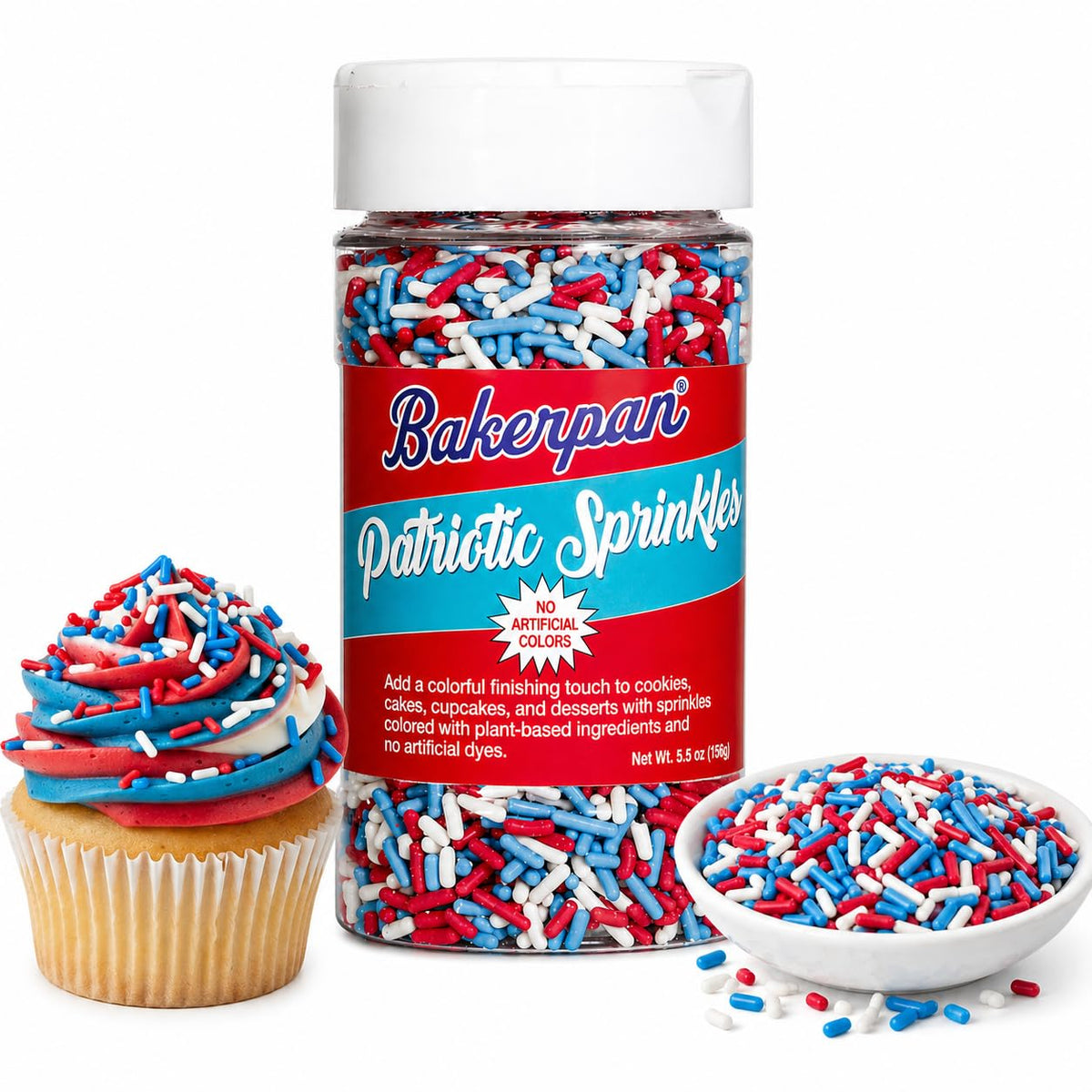 Bakerpan Dye-Free Patriotic Jimmies bottle ready for cake decorating and toppings.