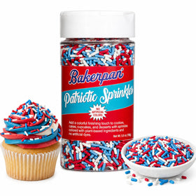 Bakerpan Dye-Free Patriotic Jimmies bottle ready for cake decorating and toppings.