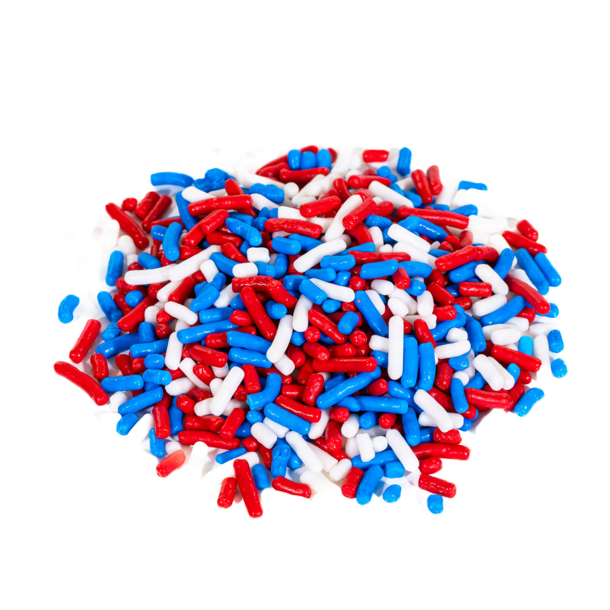Bakerpan Dye-Free Patriotic Jimmies on cupcakes provide festive toppers.