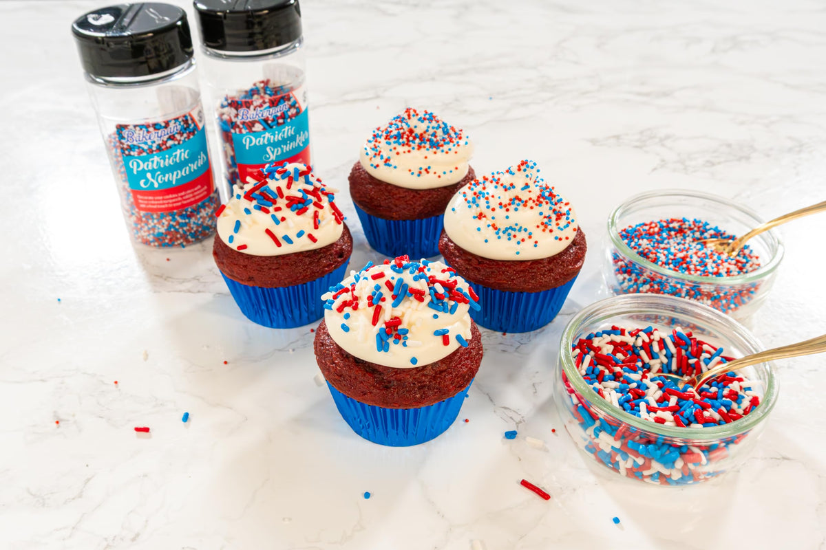 Bakerpan Dye-Free Patriotic Jimmies on ice cream for a festive crunch and look.