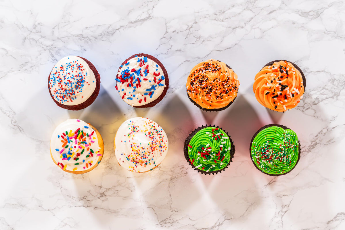 Bakerpan Dye-Free Patriotic Jimmies stored in a resealable bottle for pantry freshness.