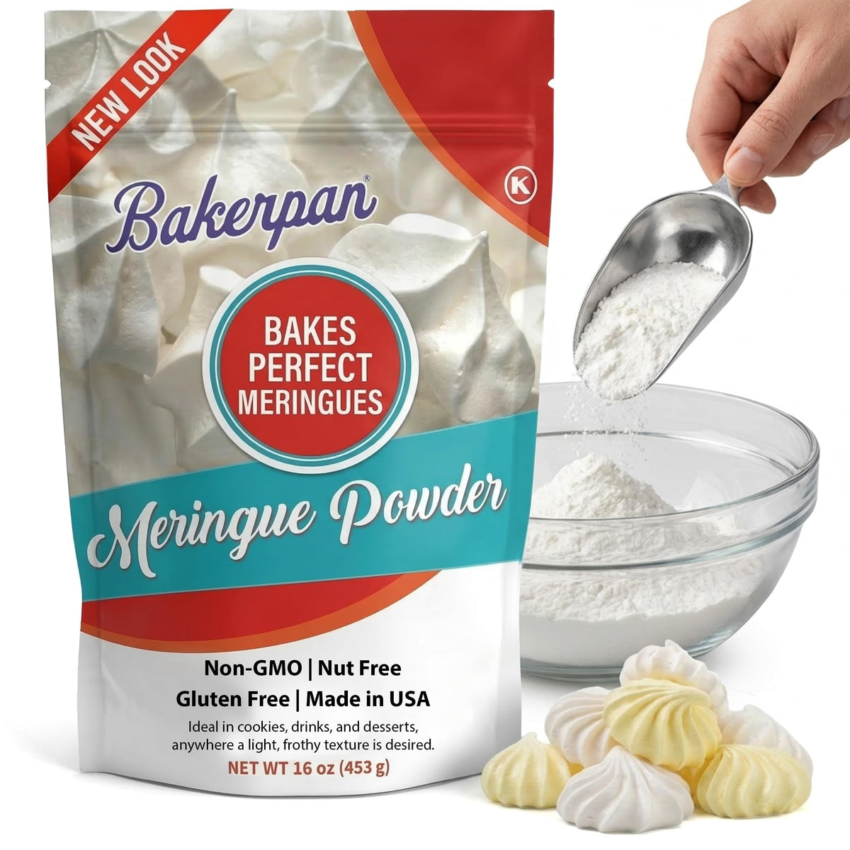 Bakerpan meringue powder packaging showing a 16-ounce jar for versatile baking