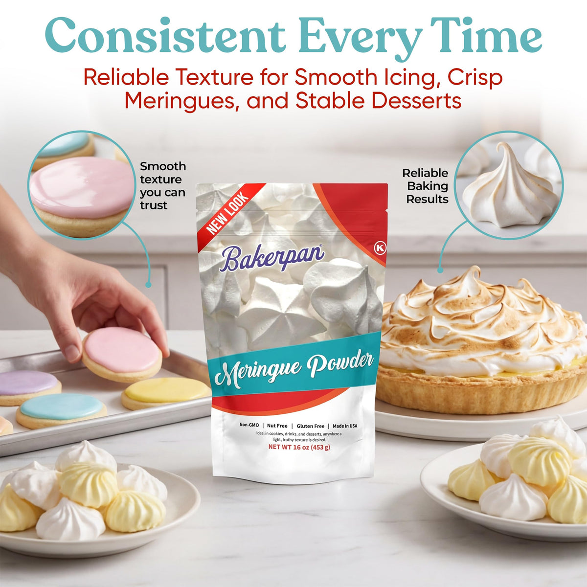 Kosher-certified, USA-made Bakerpan meringue powder for baking