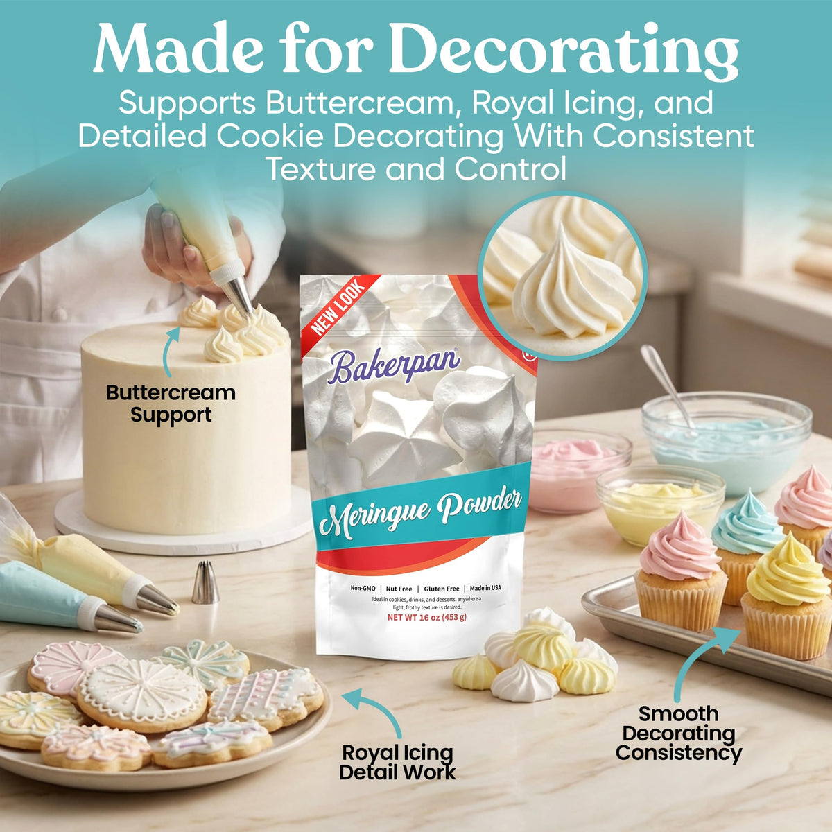 Whipped cream piping made easy with Bakerpan meringue powder