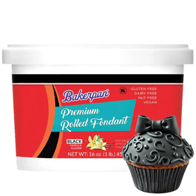 Bakerpan Premium rolled black fondant unrolled sheet with vanilla flavor for cake decorating.