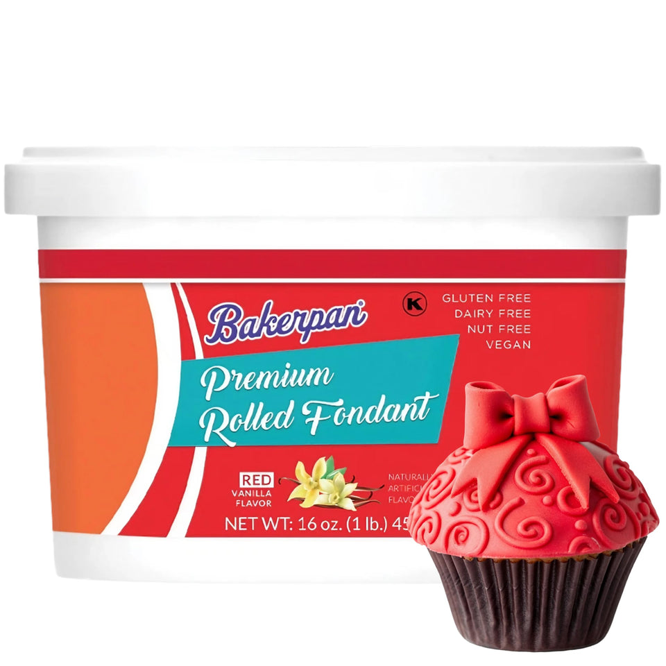 Bakerpan premium rolled red fondant 1 lb ready for smooth cake coverage and decorations.