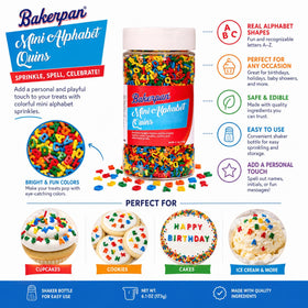 Bakerpan Quins Alphabet Sprinkles dress cakes with bright letter confetti