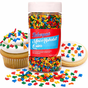 Bakerpan Quins Alphabet Sprinkles on cupcakes add colorful edible decoration