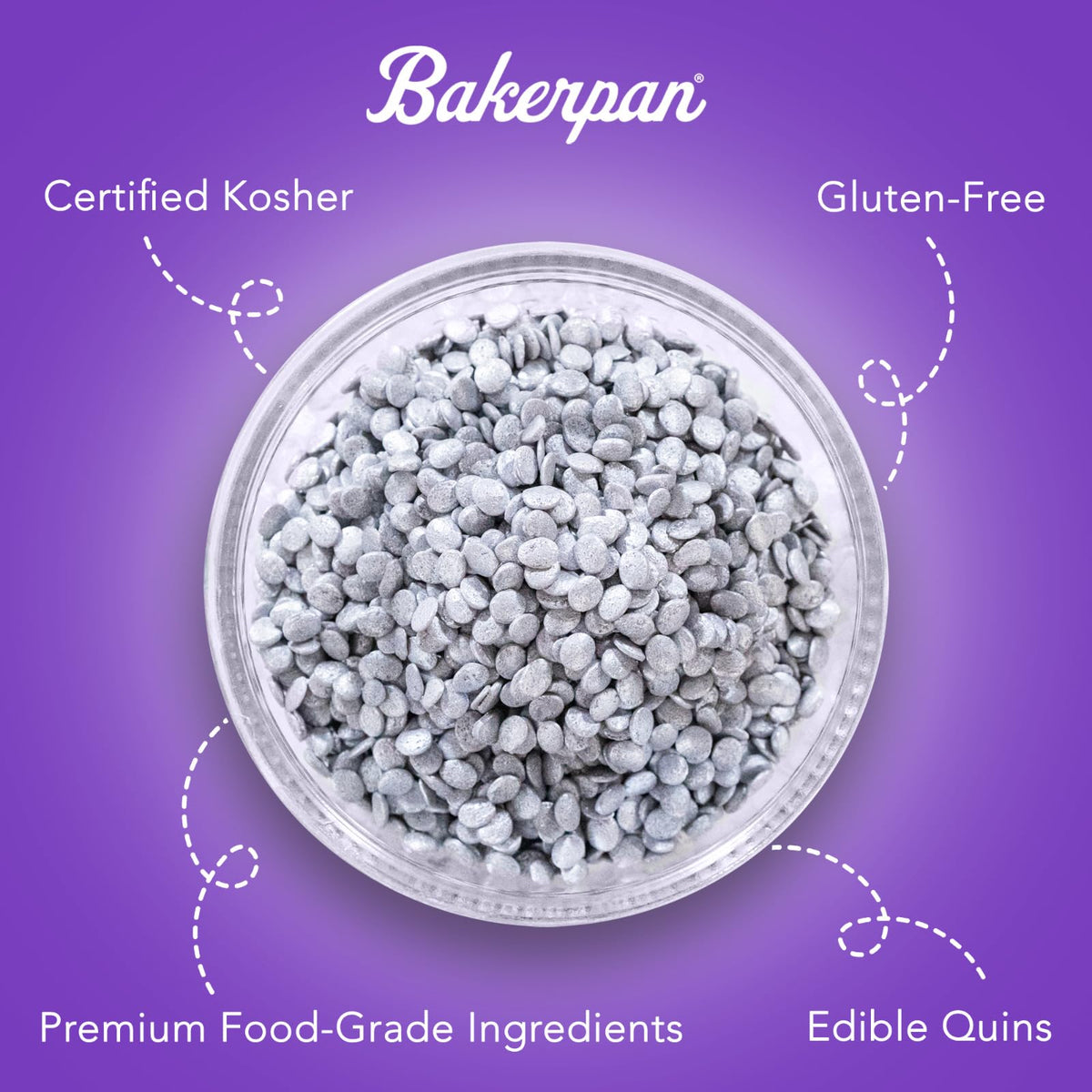 Bakerpan Quins Alphabet Sprinkles gluten-free label communicates dietary versatility