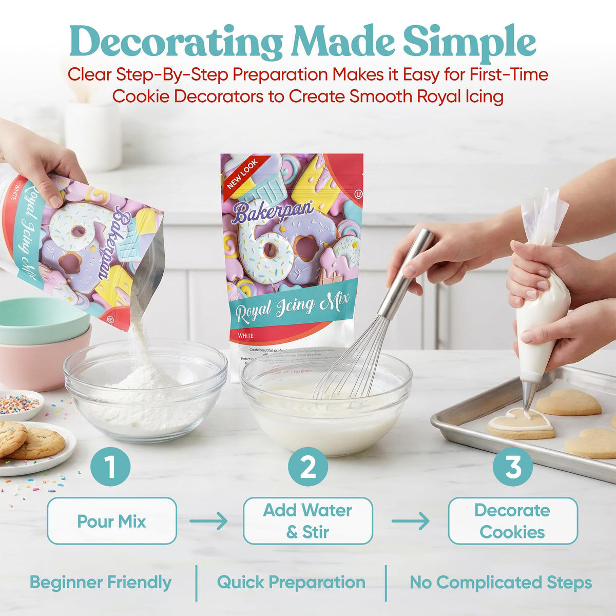Bakerpan Royal Icing Mix in a bowl creating a smooth glossy icing.