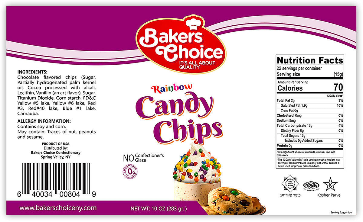 Baker's Choice Rainbow Candy Chips in a resealable dairy-free container.