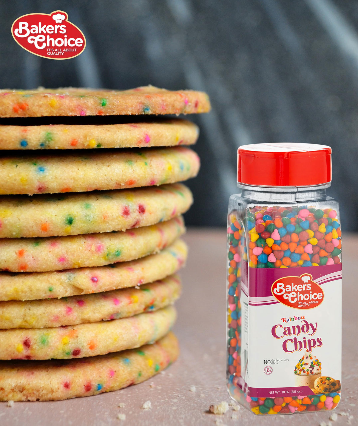 Baker's Choice Rainbow Candy Chips with kosher certification for snack time.