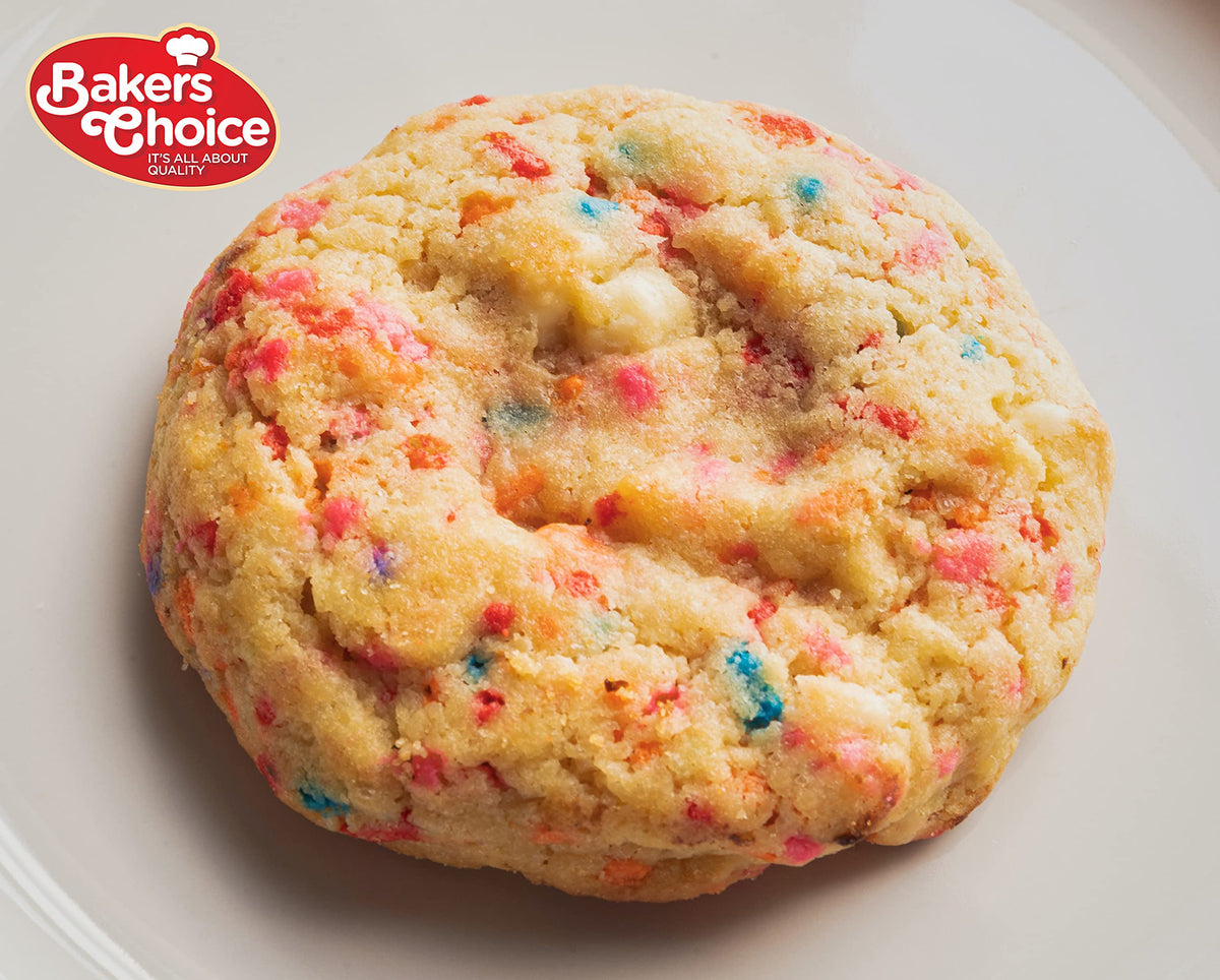 Baker's Choice Rainbow Candy Chips in a resealable container ready to sprinkle.