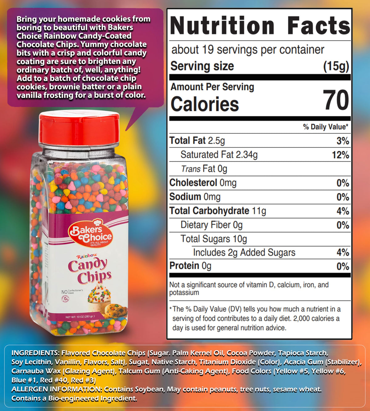 Baker's Choice Rainbow Candy Chips used as colorful toppings on ice cream.