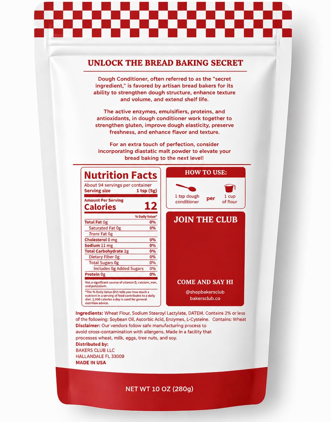 Back label shows expiration date on Bakers Club packaging.