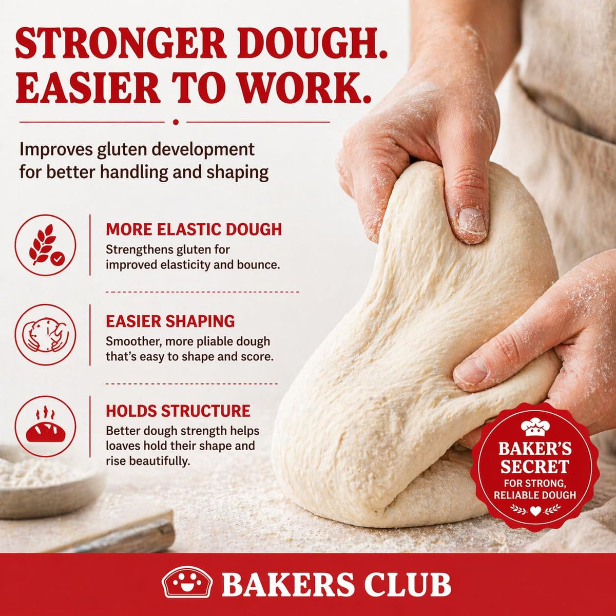 Dough prepared with Bakers Club conditioner showing improved elasticity.
