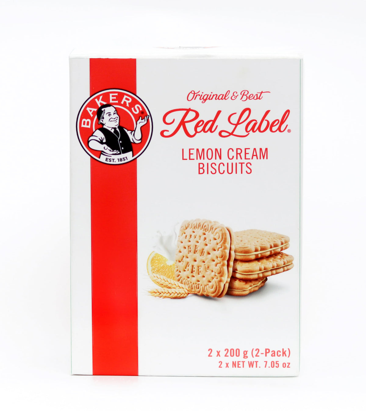 Bakers Est 1851 red label lemon creams biscuits pack 2 half-open, showcasing creamy center.