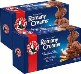 Bakers Romany Creams classic choc biscuits front packaging, ideal nostalgic snack for gatherings.