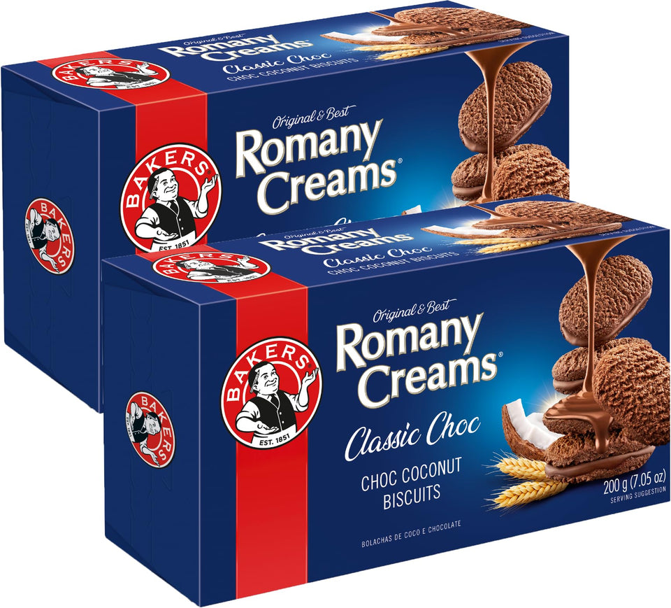 Bakers Romany Creams classic choc biscuits front packaging, ideal nostalgic snack for gatherings.