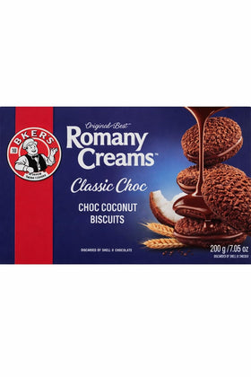 Romany Creams coconut-crunch sandwich cookies showing coconut texture and chocolate filling.