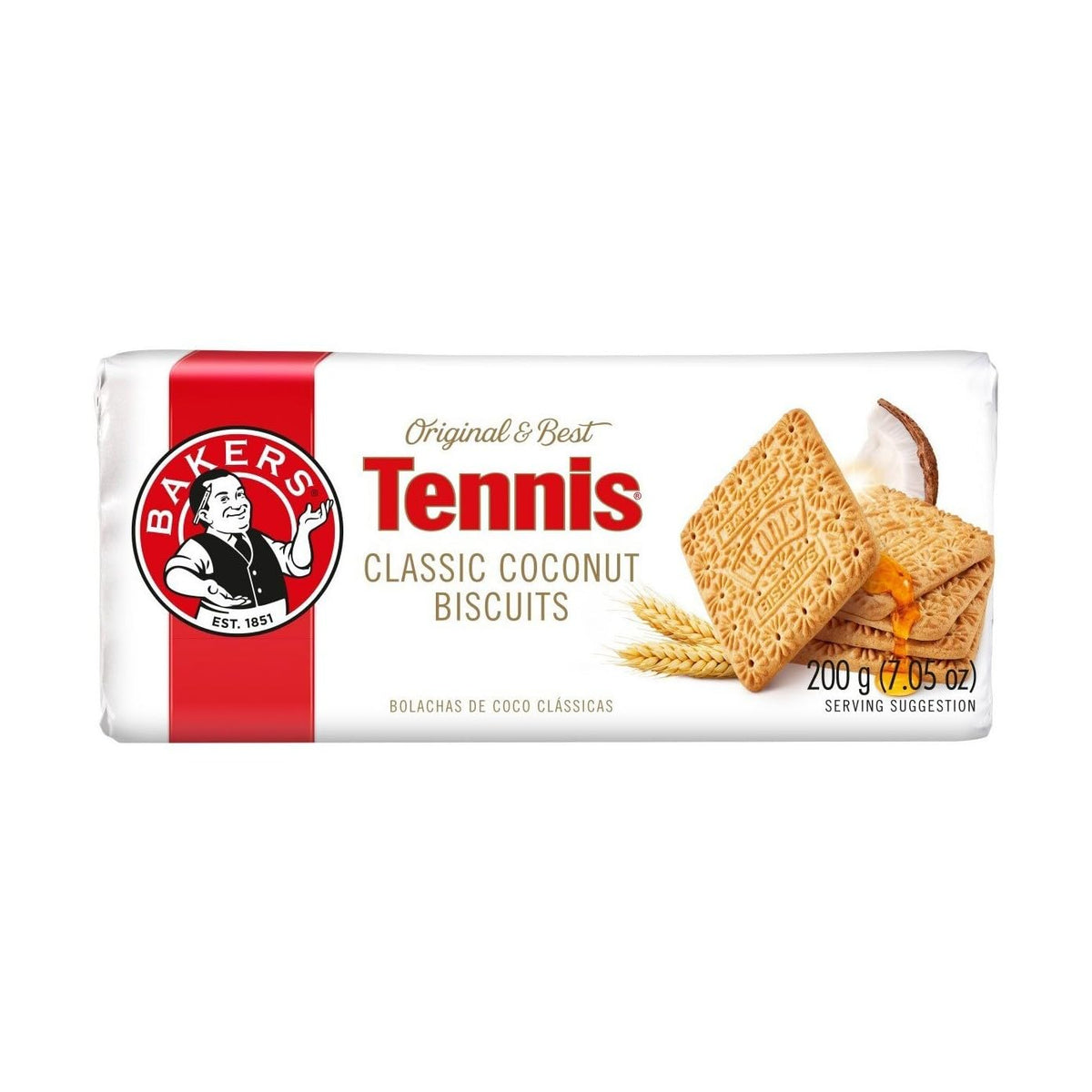 Bakers Est 1851 Tennis biscuits packshot highlighting coconut flavor for snacking