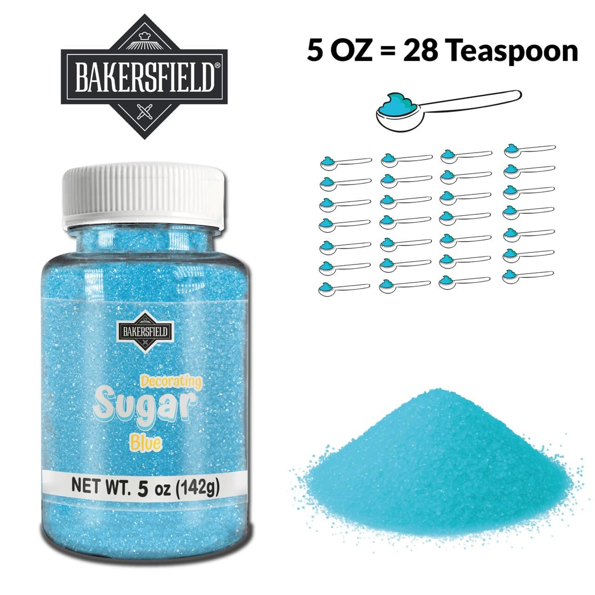 Bakersfield blue sugar bottle enhances cake decorating and frosting accents.