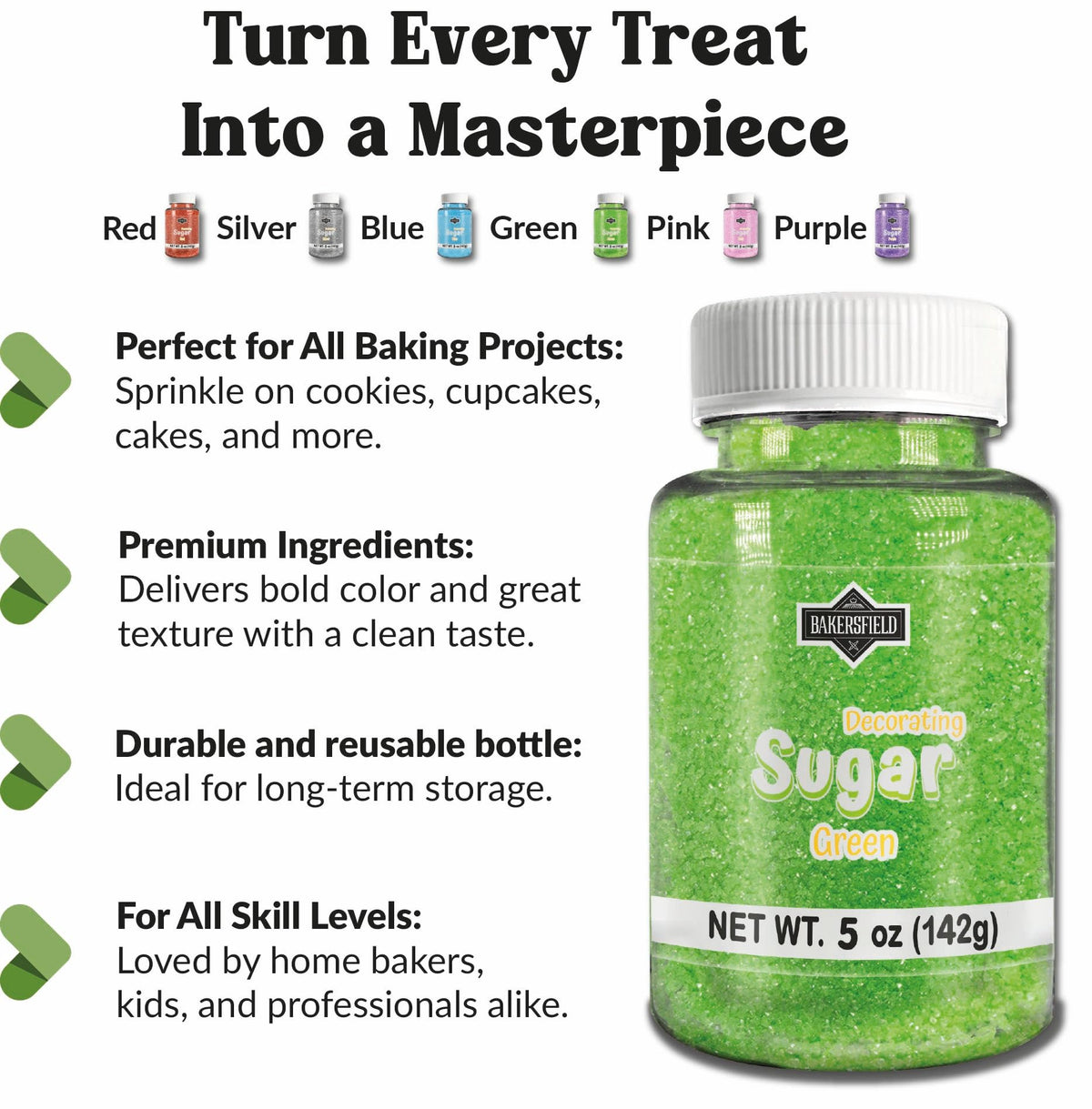 Bakersfield green sugar bottle brings fresh color to toppings and icing.