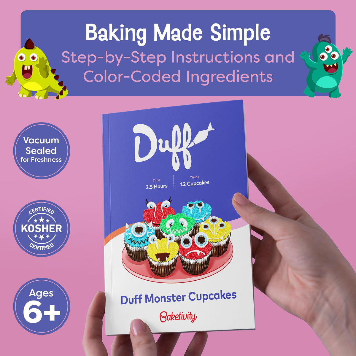 Baketivity Duff Goldman Monster Cupcakes Kit QR video tutorial guides kids step by step.