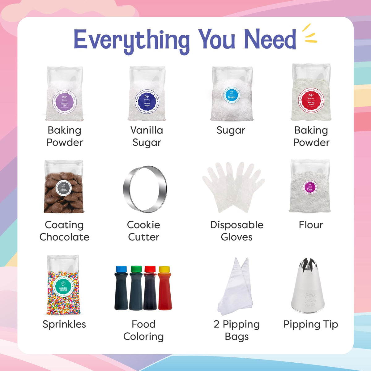 Color-dye and sculpting activities build decorating skills for rainbow unicorn cookies.