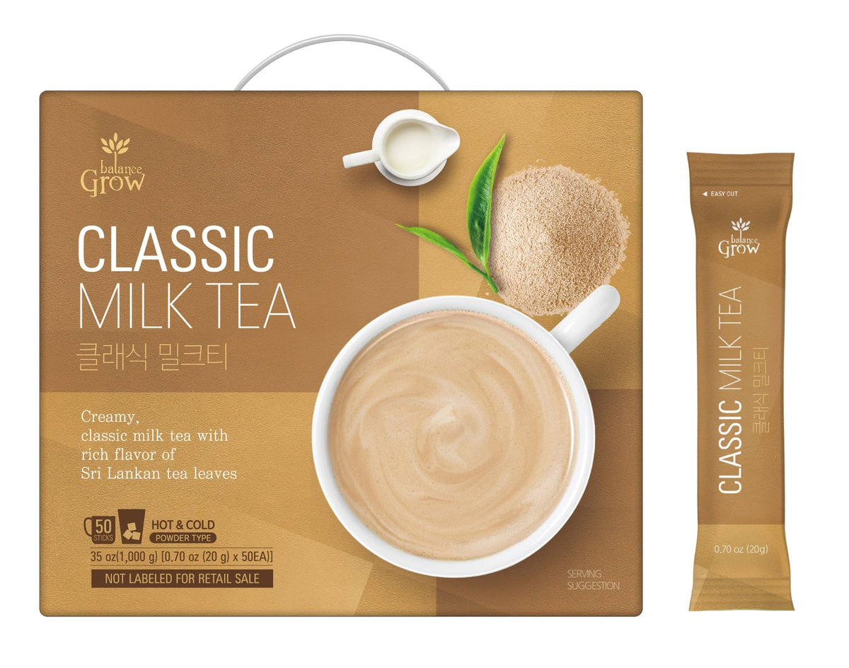 Balance Grow Classic Milk Tea bottle shows creamy texture for iced beverages.