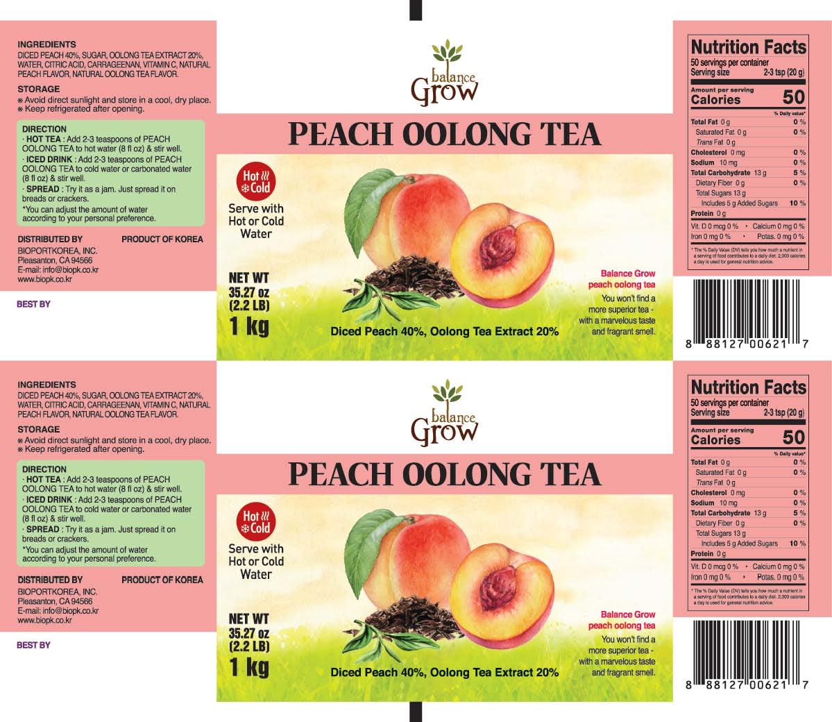 Balance Grow Peach Oolong Tea with diced peaches for fruit-forward flavor.