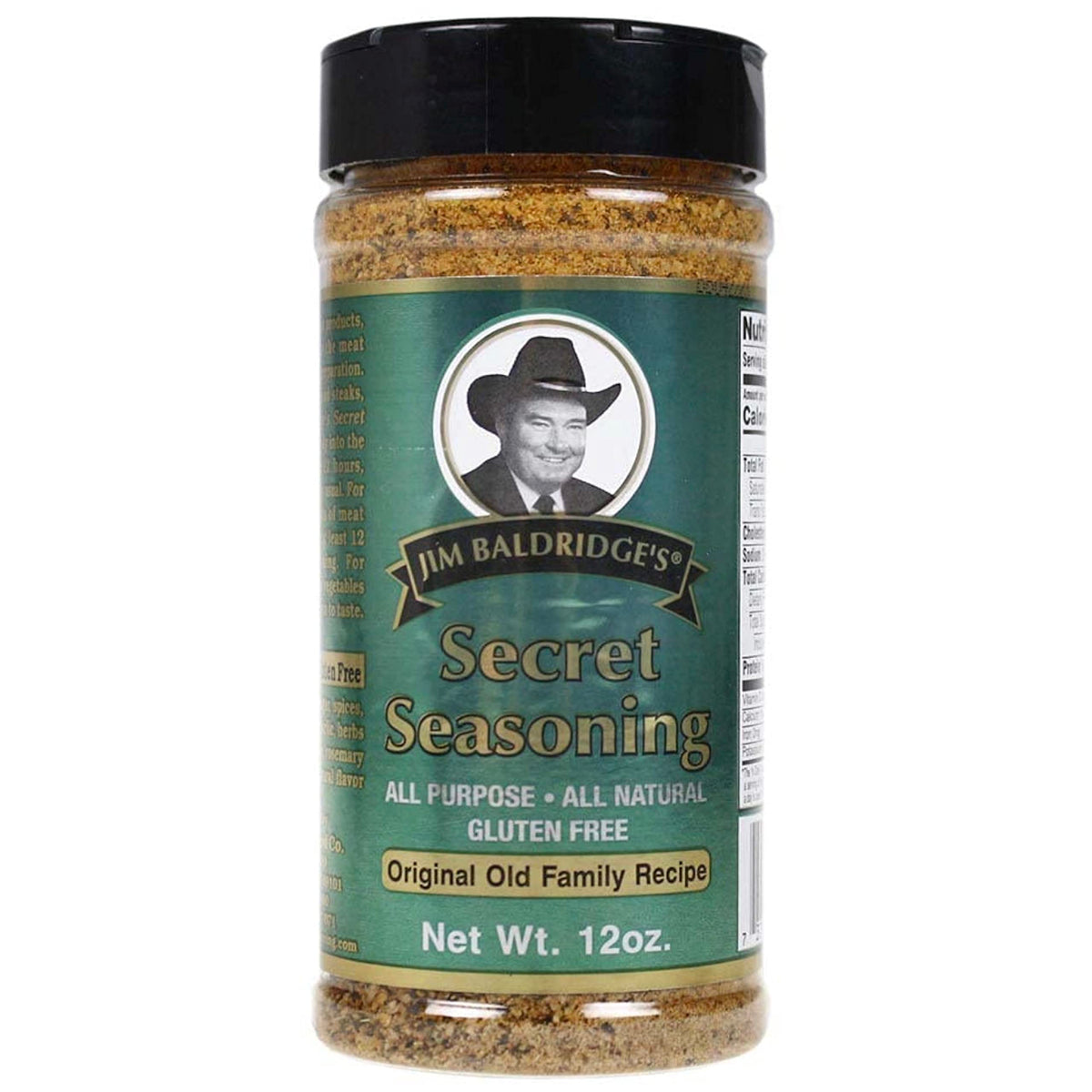 Baldridge Secret Seasoning 12oz bottle front with rich herb blend for all-purpose seasoning.
