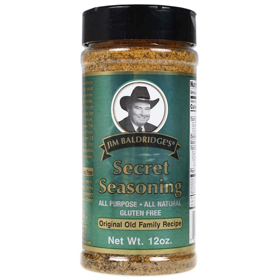 Baldridge Secret Seasoning 12oz bottle front with rich herb blend for all-purpose seasoning.