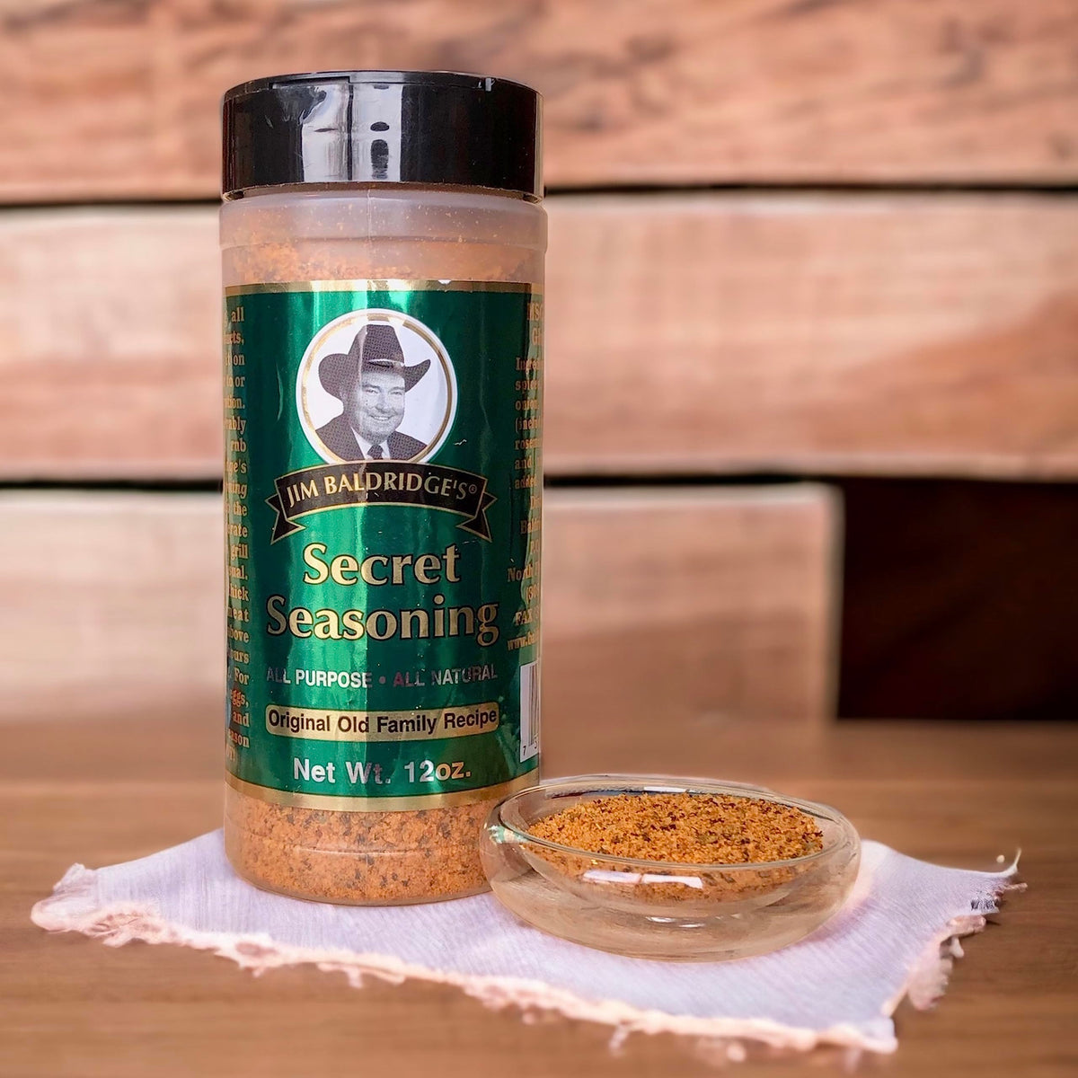 Baldridge Secret Seasoning bottle top view, ideal for quick grill-ready flavor.