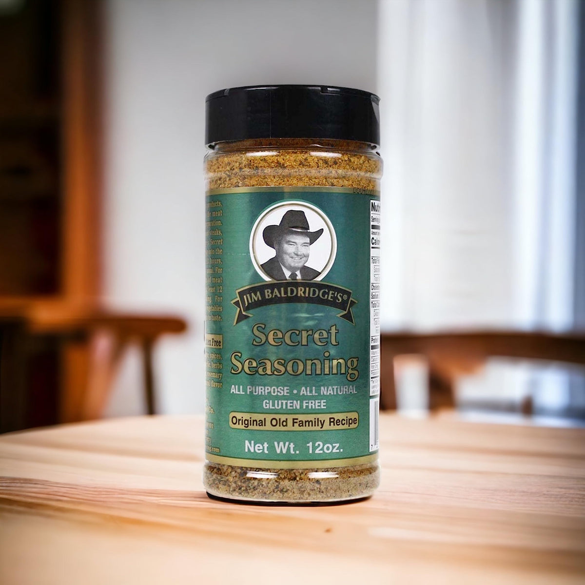 Baldridge Secret Seasoning packaging on kitchen counter invites easy use.
