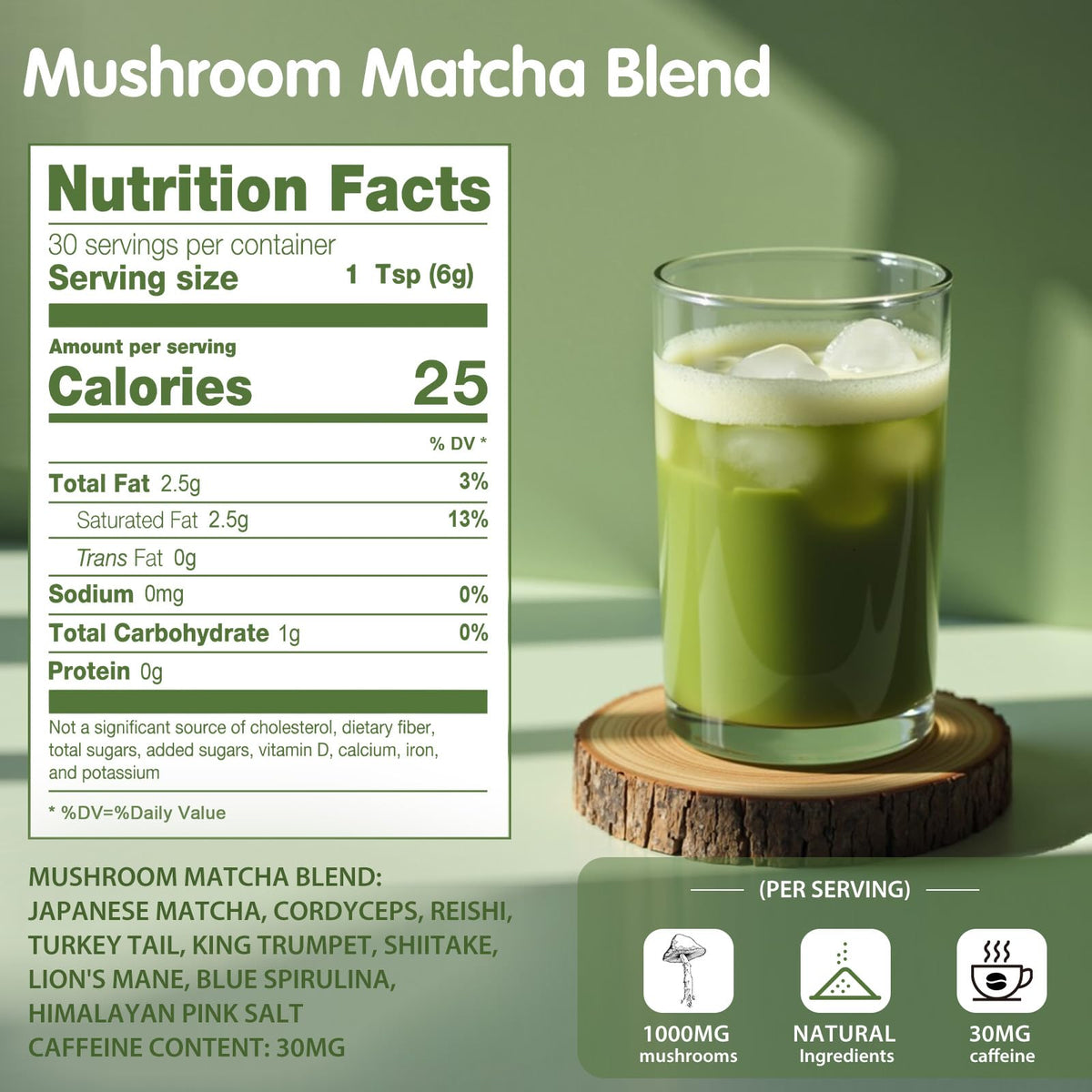 Balincer Matcha Mushroom blend bag scoop emphasizes convenient, daily energy and immune-supporting routine.