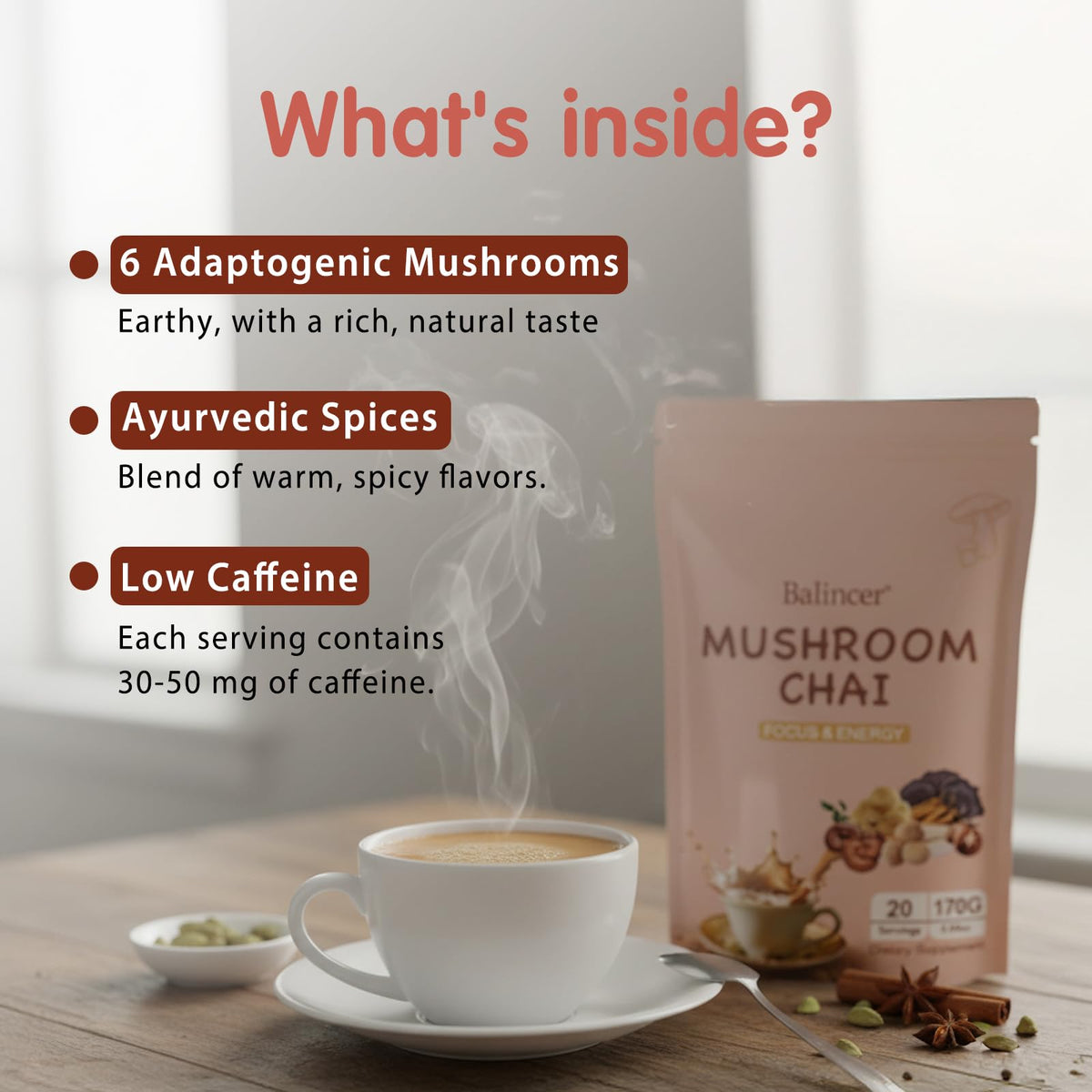 Balincer Mushroom Chai ayurvedic spices offer vibrant aroma and warmth