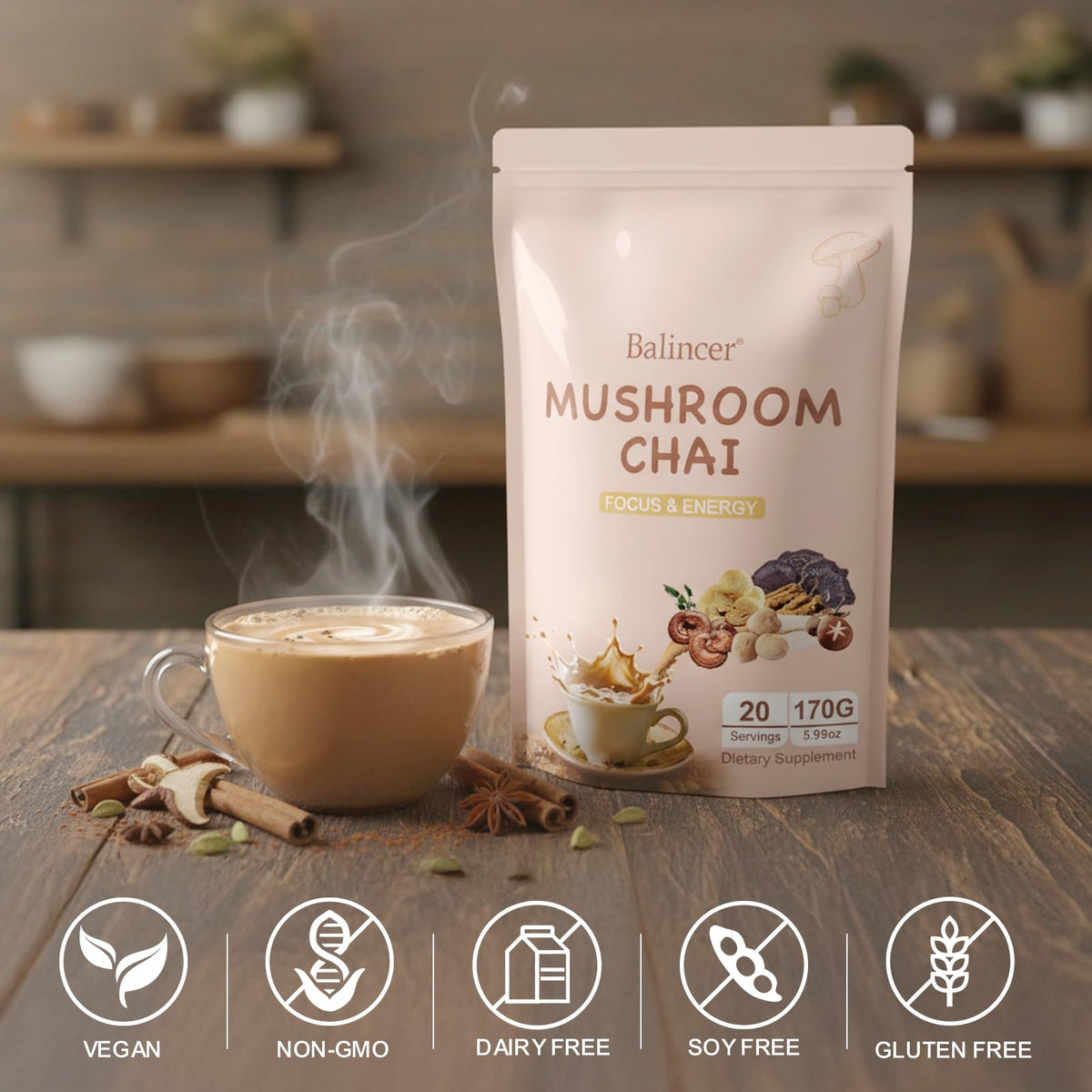 Balincer Mushroom Chai daily use scene for focused energy and calm